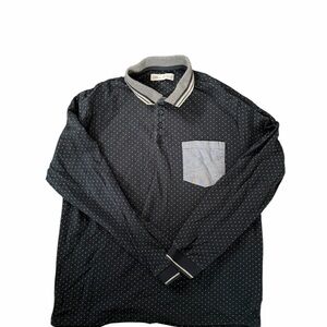 Navy Blue Long Sleeve Polo with Contrast Pocket Tiny Triangle Pattern Cotton